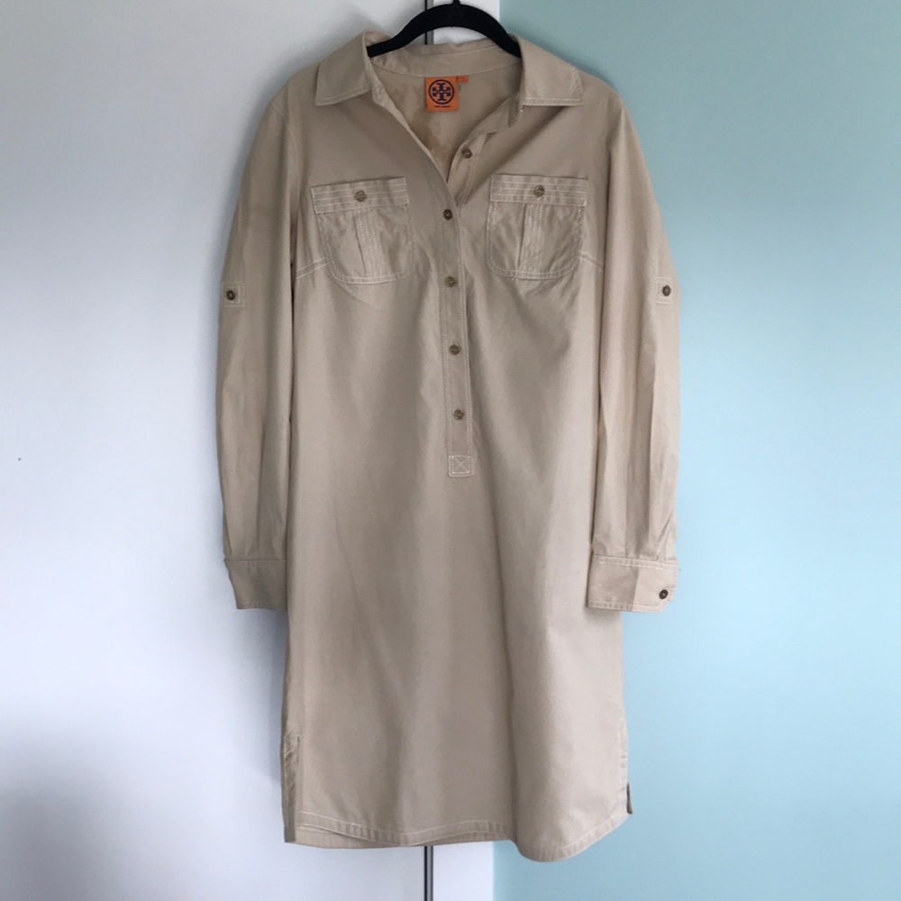 Tory Burch tan shirt dress with sash.